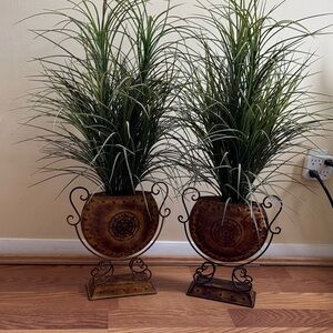 Elegant Brown Metal Planter with Green Faux Grass